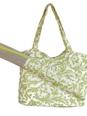 Ashburn Green Scroll-Print Beach Tote Bag with Straw Mat